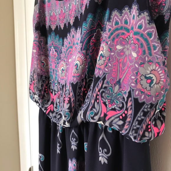 Navy with multicolored design maxi dress. - Picture 7 of 8